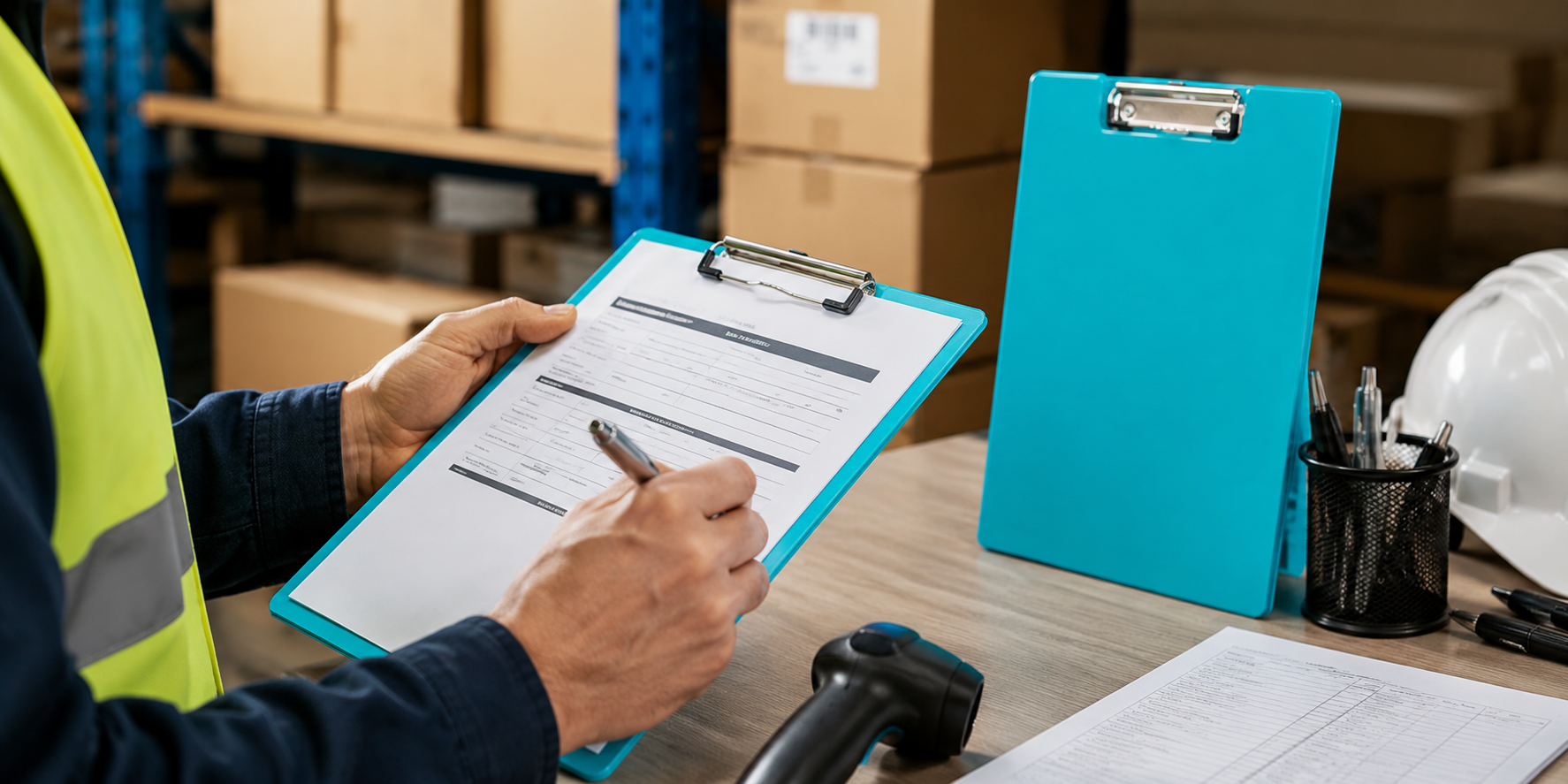Clipboard and clipfolder used on a warehouse workbench with inspection forms, safety gear and paperwork for portable document handling.