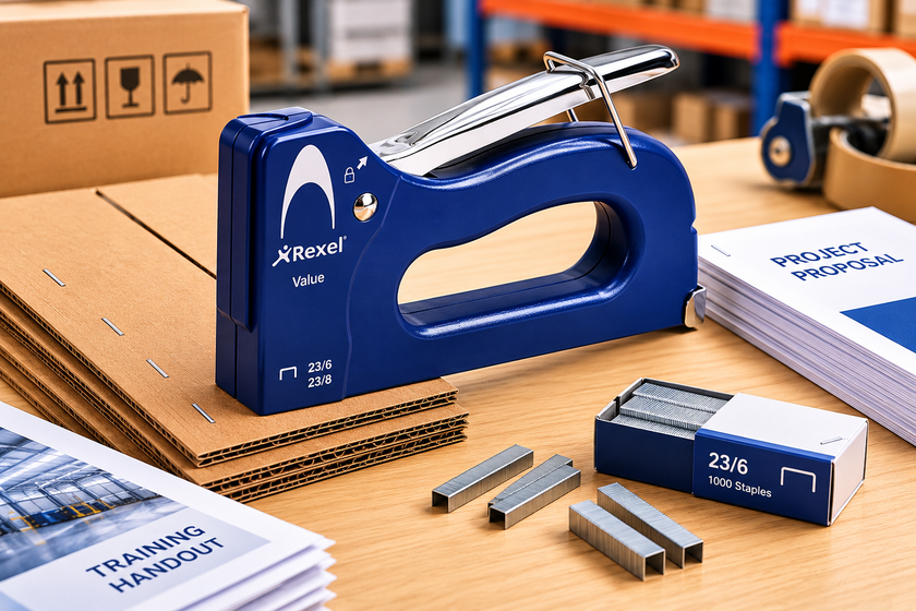 Industrial stapler on a warehouse packing bench with documents, cardboard boxes and staple supplies for high demand fastening tasks.