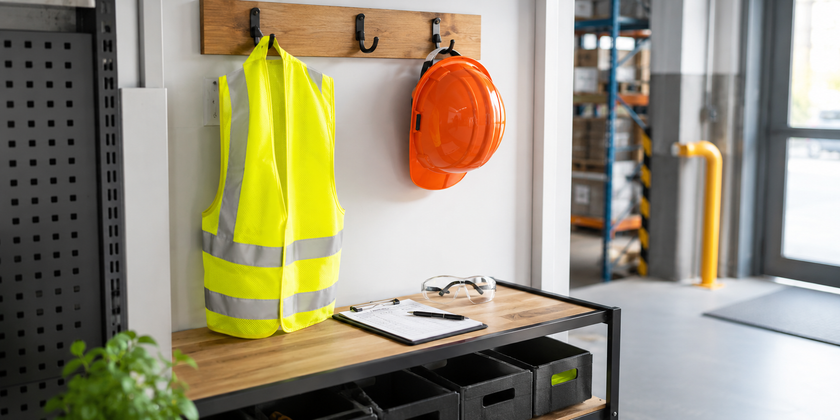 High visibility vest and orange hard hat displayed at an organised warehouse safety gear station.