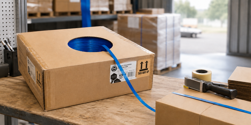 Strapping roll dispenser box on a warehouse packing bench with blue strapping, packing tape dispenser and dispatch cartons.