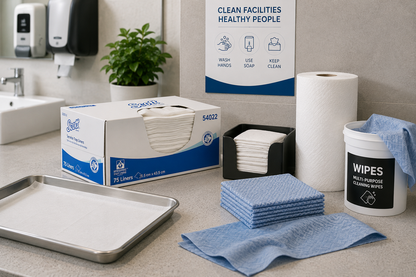 Washroom towels, wipers and tray liners arranged in a clean commercial restroom with dispensers, cleaning supplies and hygiene essentials.
