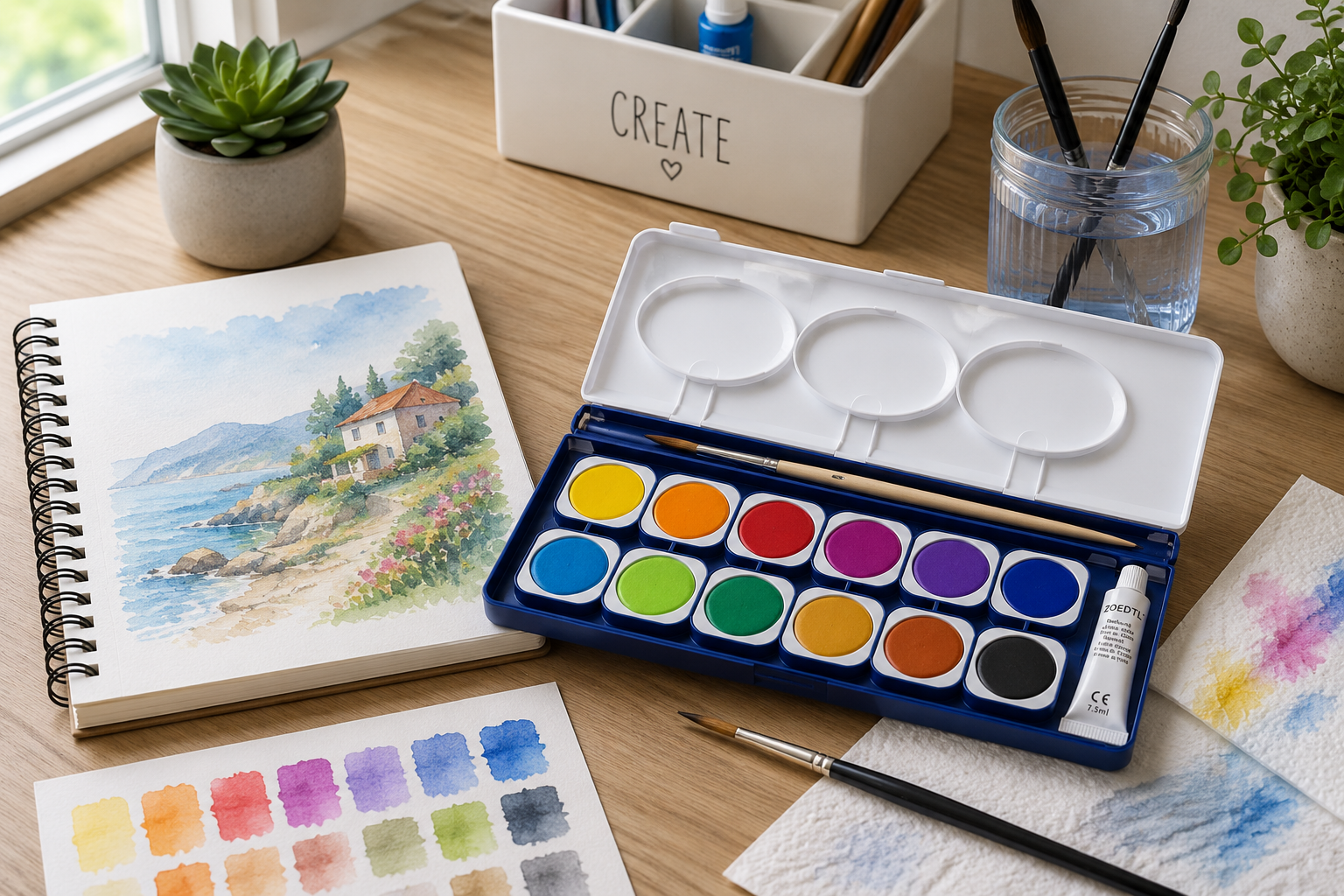 Watercolour paints arranged on a bright artist workspace with brushes, colour swatches, water jar and painted sketchbook pages.