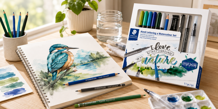 Watercolour pencils and hand lettering set on a bright artist workspace with sketchbook, water brush, colour swatches and soft natural light.