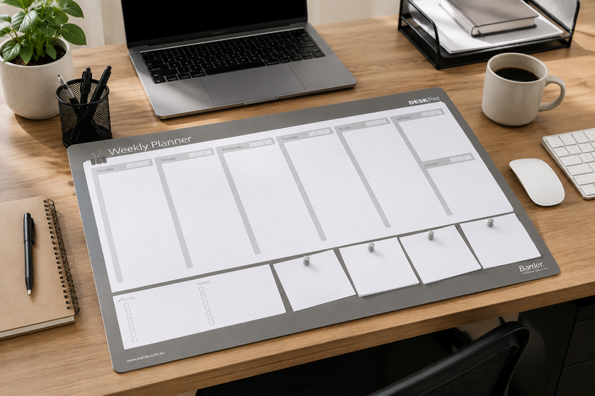 Weekly planner desk mat on a bright office workstation with laptop, stationery and coffee.