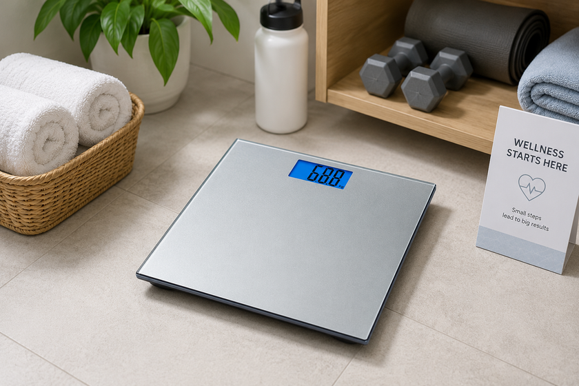 Digital body weight scale in a clean wellness room with towels, water bottle, plant and fitness accessories nearby.
