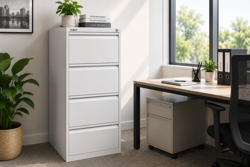 White 4 drawer filing cabinet in a bright modern office for organised document storage.