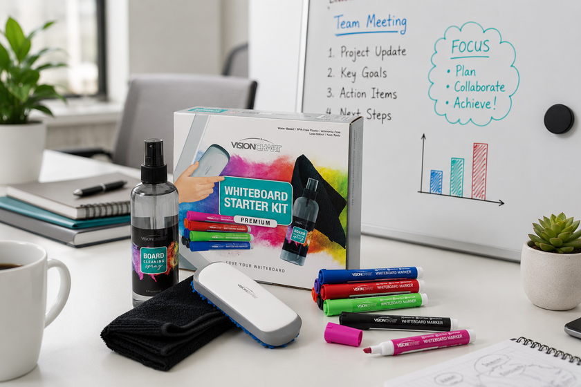 Whiteboard starter kit arranged on a modern meeting room desk with markers, cleaner, eraser, cloth and whiteboard notes for board marking and cleaning.