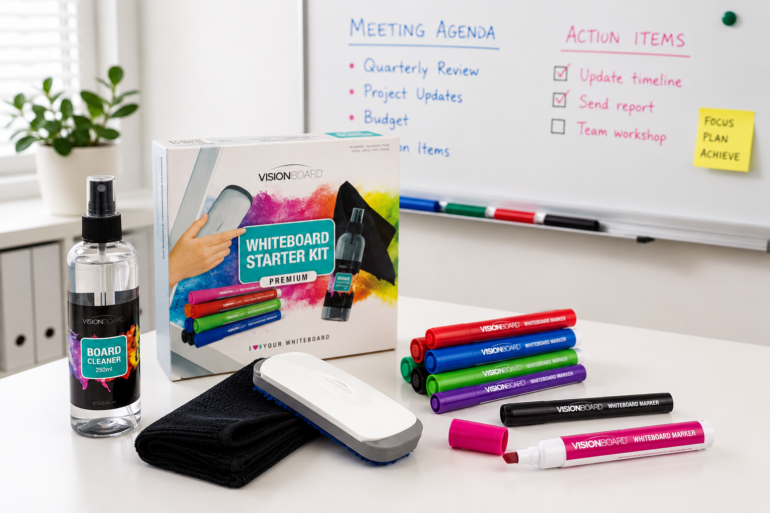 Whiteboard cleaner starter kit displayed in a bright meeting room with board spray, eraser, cloth, markers and a whiteboard agenda.