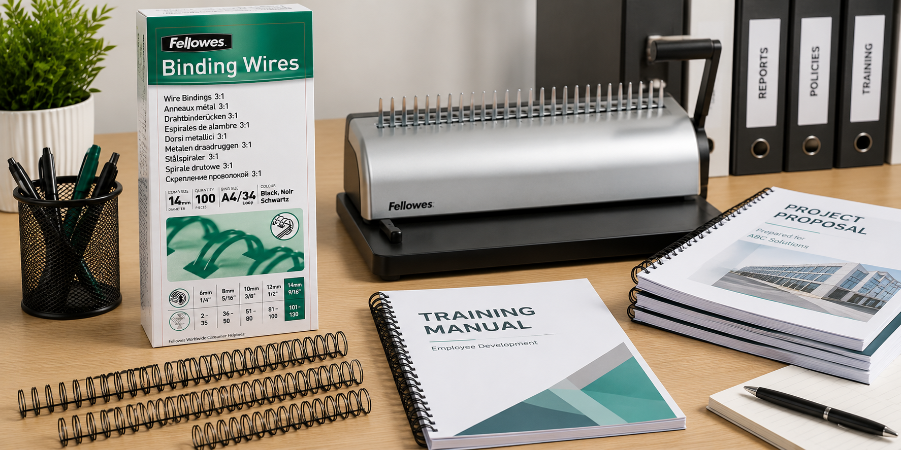 Wire binding combs arranged on a professional print room workstation with a wire binding machine, bound reports and office filing supplies.