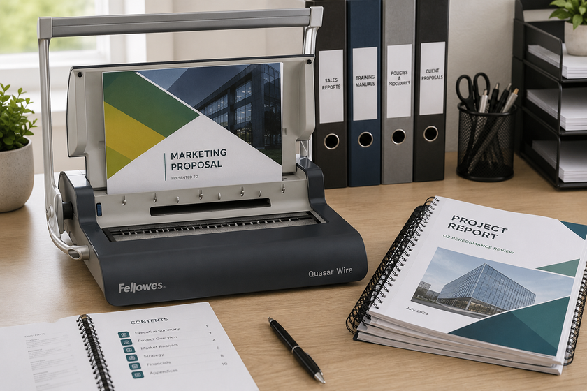 Wire binding machine arranged on a professional office desk with bound reports, proposal documents and print room stationery.