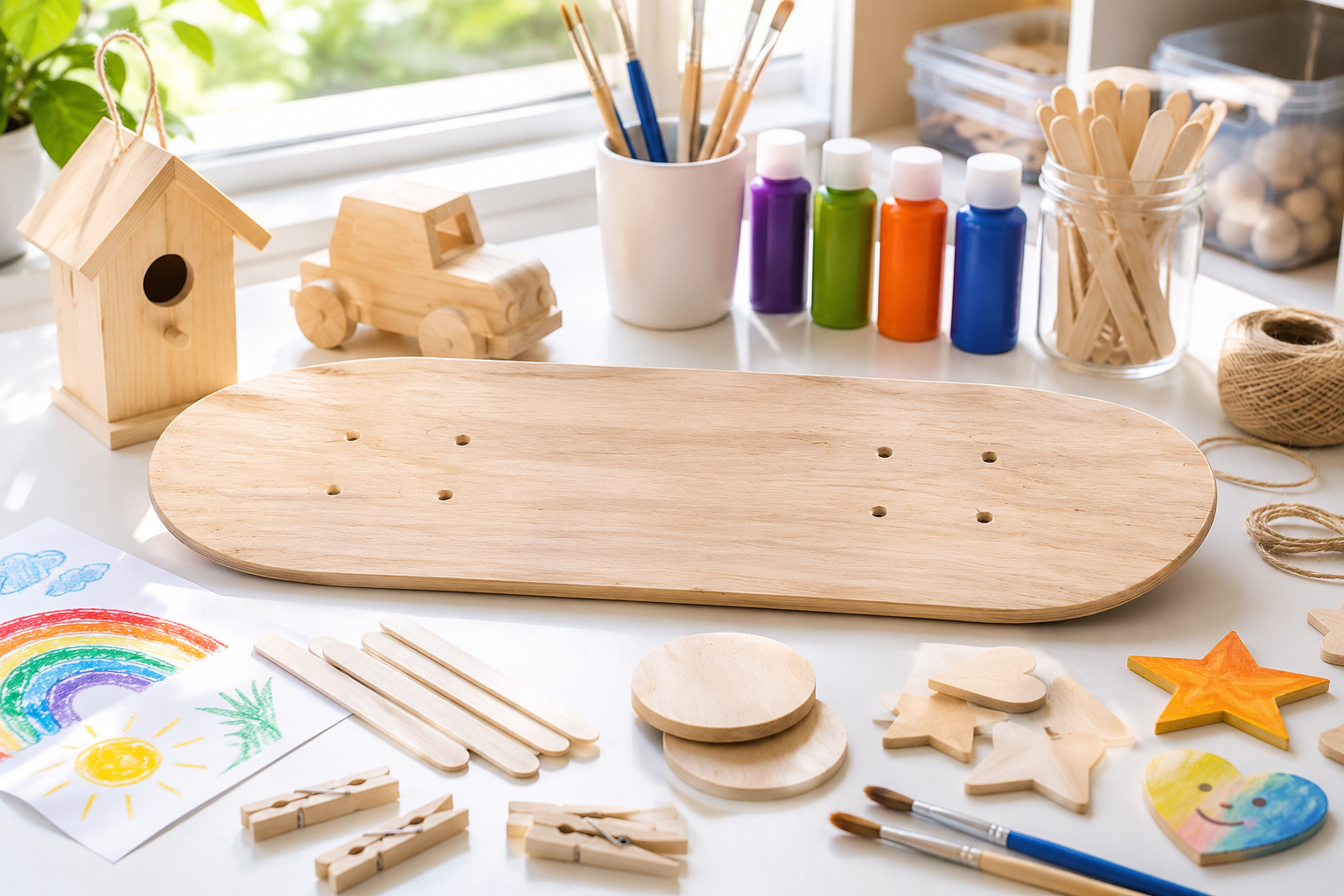 Wooden craft supplies arranged on a bright realistic craft table with paint, brushes, wooden shapes and classroom project materials.