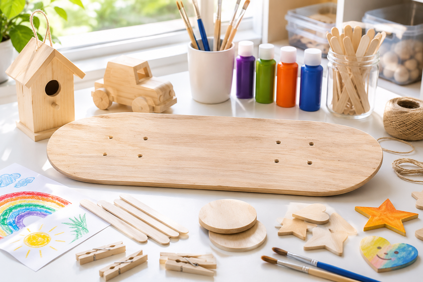 Wooden craft supplies arranged on a bright realistic craft table with paint, brushes, wooden shapes and classroom project materials.