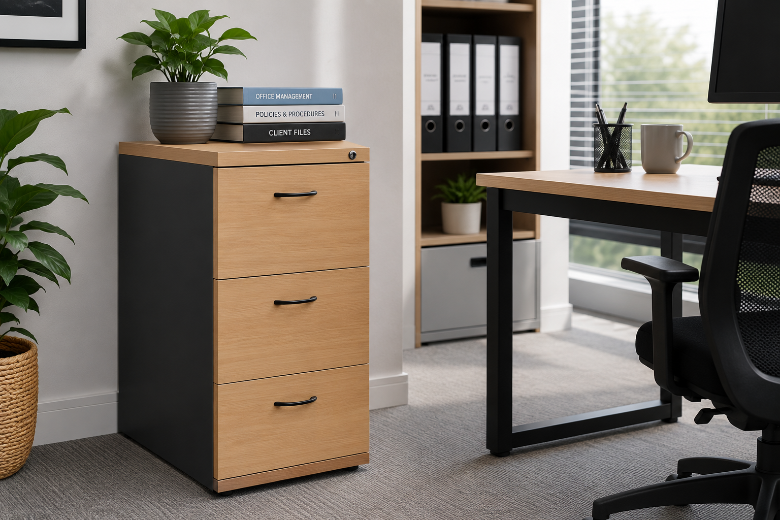 Woodgrain 3 drawer filing cabinet in a bright modern office beside a desk for organised document storage.