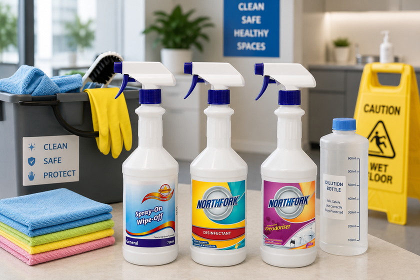 Cleaning chemicals displayed in a bright workplace cleaning station with spray bottles, cloths and safety supplies.