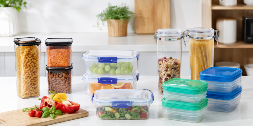 Clear food storage containers, pantry canisters and lunch containers arranged on a bright workplace kitchen bench with fresh produce.