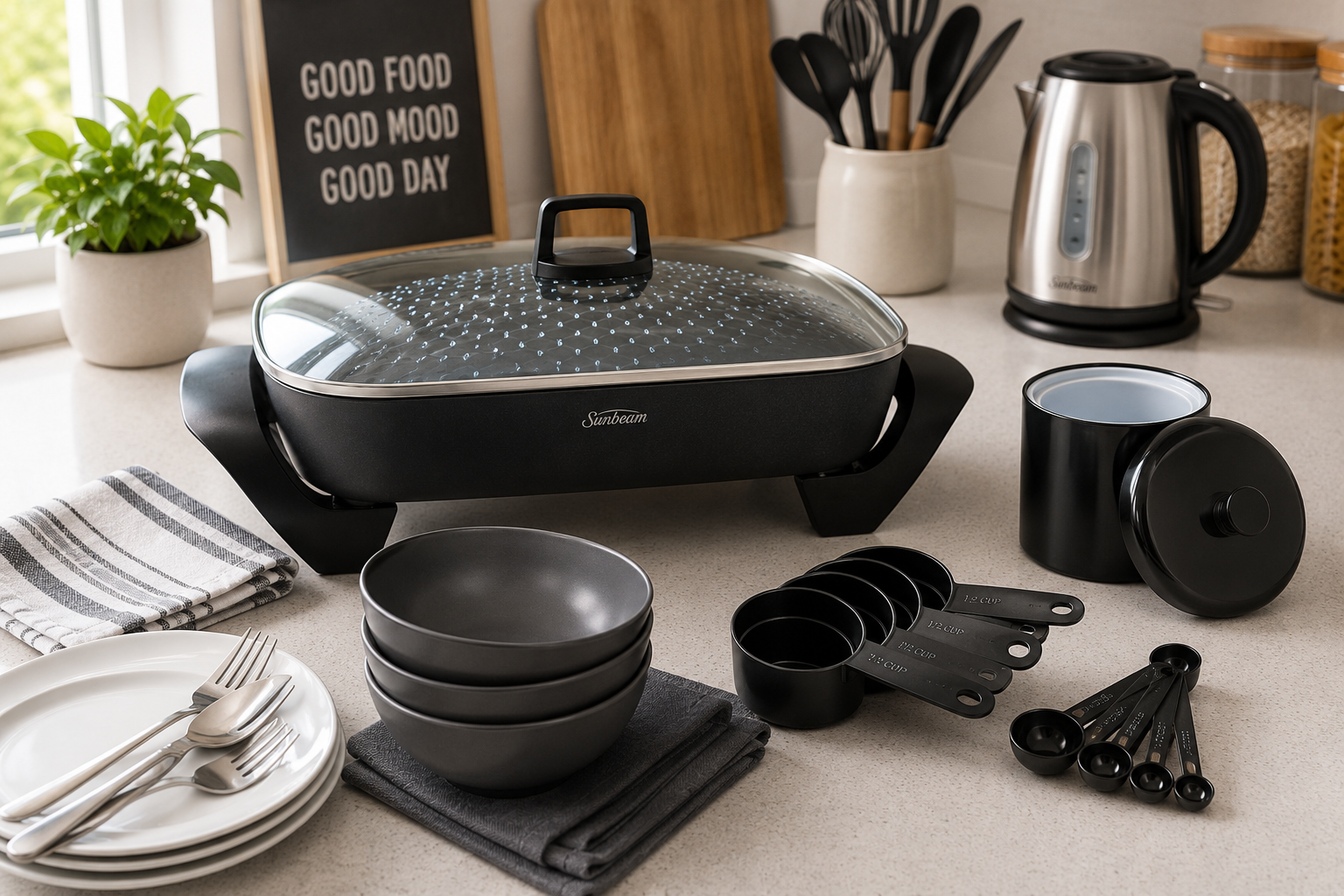 Kitchenware arranged on a modern workplace kitchen counter with an electric skillet, canister, utensils, plates and shared kitchen essentials.