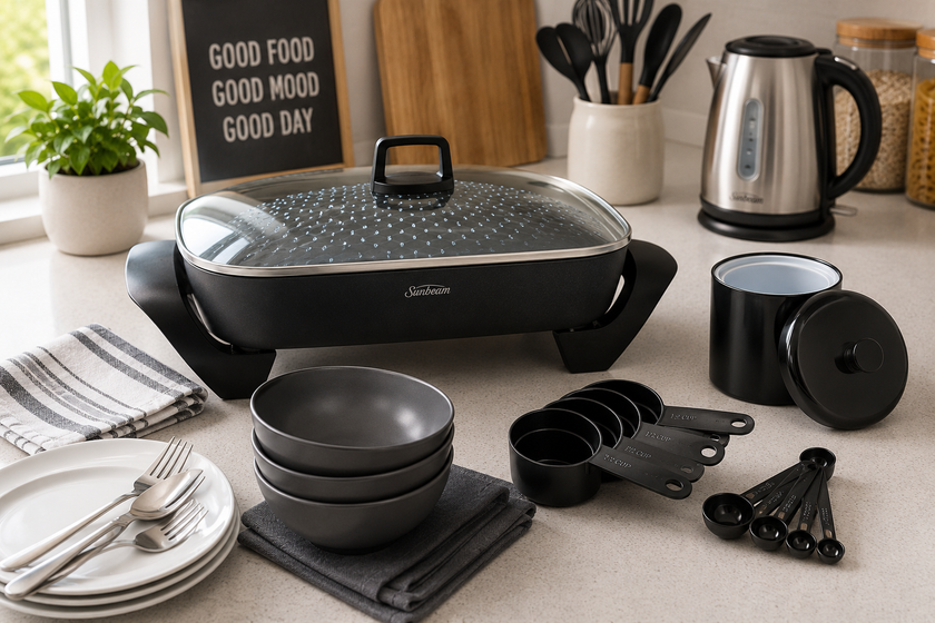 Kitchenware arranged on a modern workplace kitchen counter with an electric skillet, canister, utensils, plates and shared kitchen essentials.