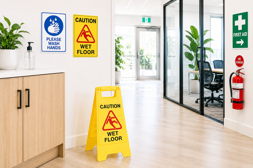 Safety signs and wet floor caution sign in a bright modern office corridor for workplace hazard awareness.
