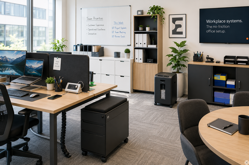 Workplace systems setup with filing, storage, desk accessories, whiteboards, shredders, furniture and power management in a bright corporate office.
