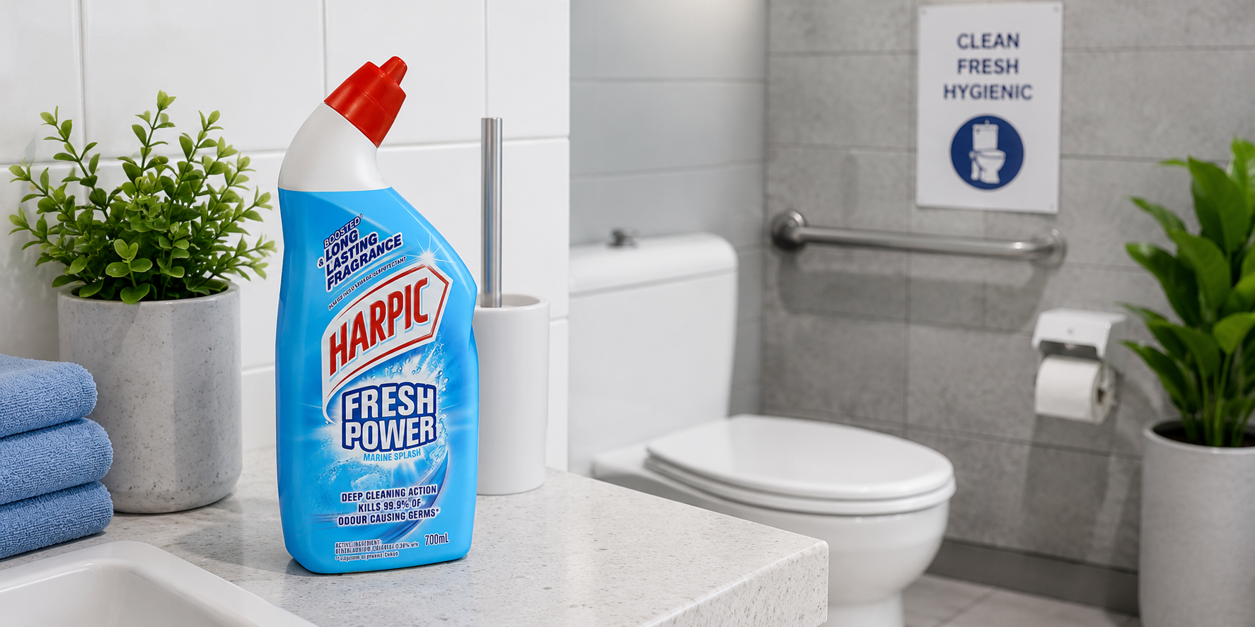 Toilet bowl cleaner displayed on a clean washroom counter for workplace bathroom hygiene and facility maintenance.