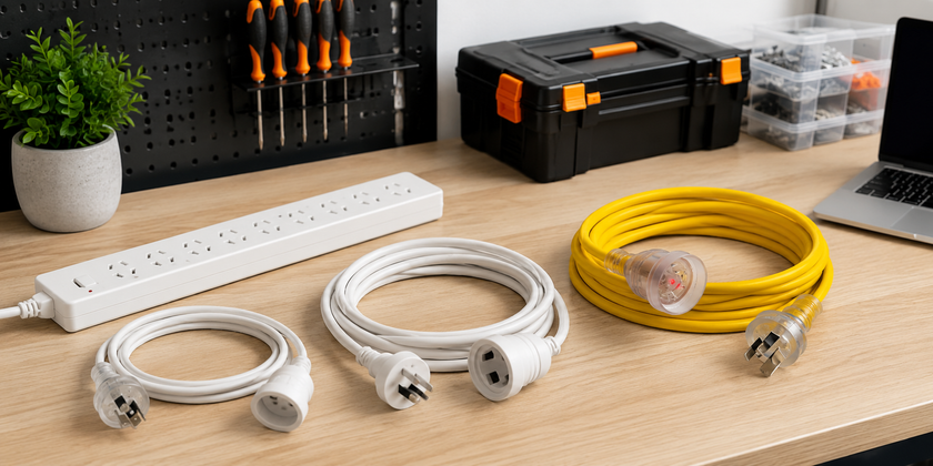 White and yellow extension cables and power boards displayed on an organised workshop bench with tools and IT equipment.