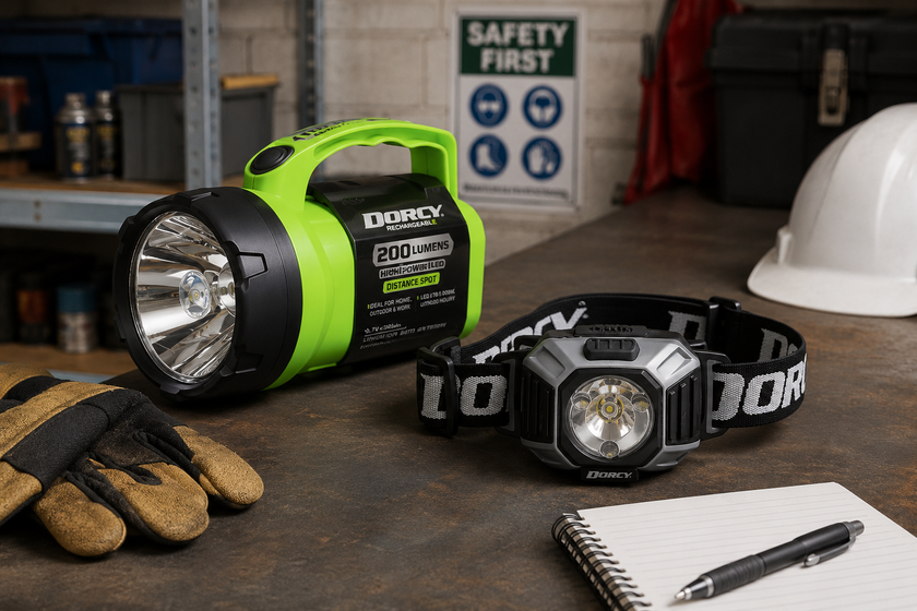 Flashlights and headlamp arranged on a workshop bench with safety gear, gloves, hard hat and work tools nearby.