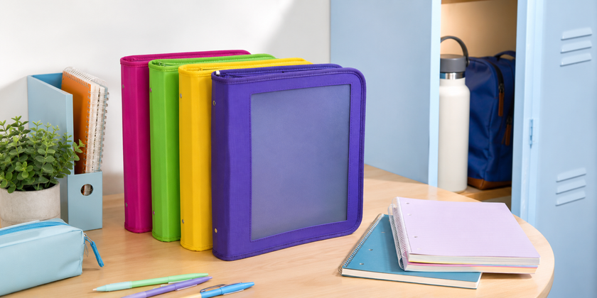 Colourful zipper binders displayed on a student desk with notebooks, pencil case, pens and school locker storage in the background