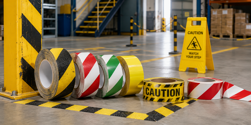 Yellow and black safety tape roll used for hazard marking on a bright warehouse floor near steps, caution signage and safety barriers