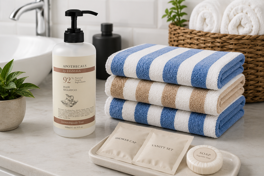 Bathroom amenities arranged on a clean guest bathroom counter with shampoo, striped towels, soap and hygiene essentials for facility care.