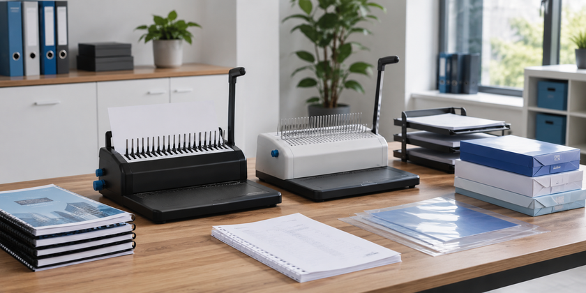 Professional office binding machines displayed on a document preparation workstation with bound reports, plastic covers and office filing accessories in a bright admin workspace.