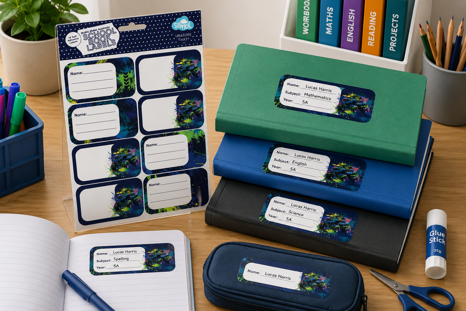School book labels arranged on a study desk with labelled exercise books, stationery and classroom organisation supplies.