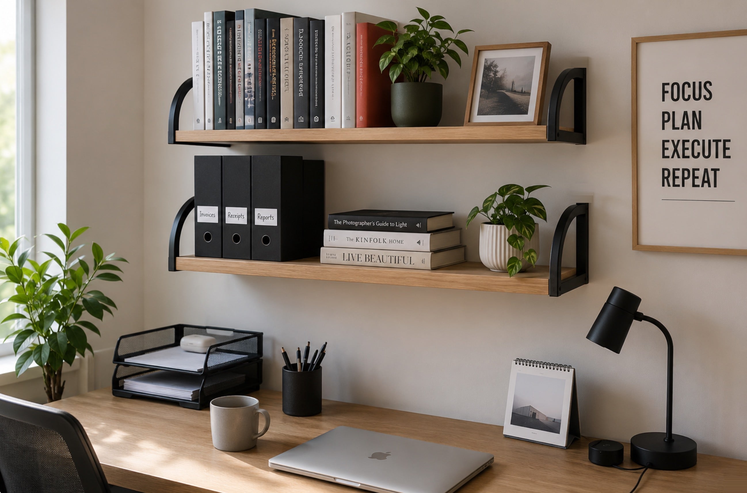 Wall mount bookshelves with light timber shelves and black curved metal side frames above a tidy office desk.