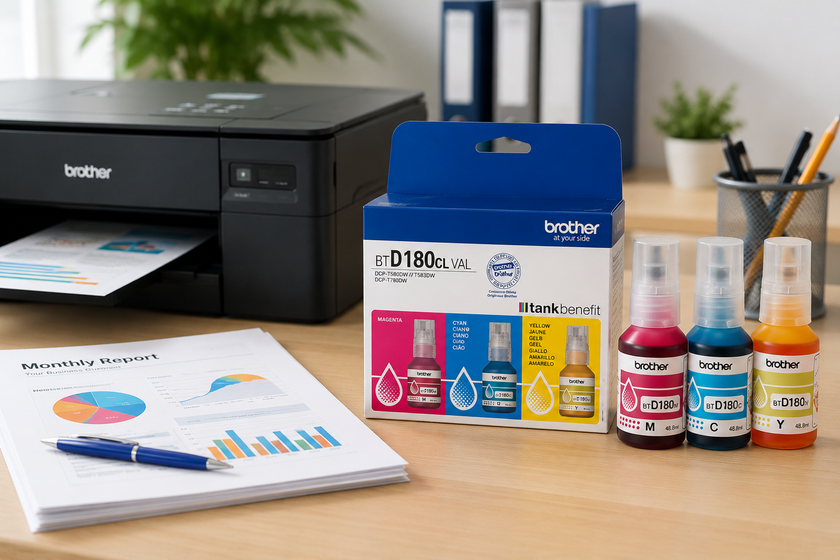 Brother ink cartridges and colour ink bottles arranged beside an inkjet printer on a clean office desk.