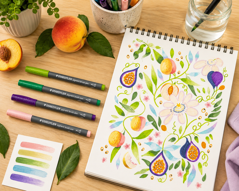Brush markers arranged on a bright art table with botanical sketchbook artwork, colour swatches and natural styling for lettering, colouring and illustration projects.