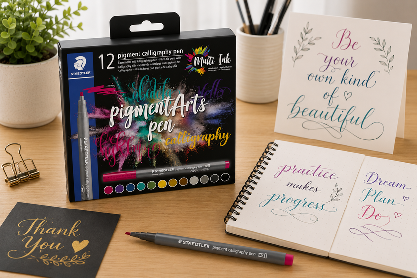 Calligraphy pen set packaging and one marker on a clean lettering desk with practice notebook, hand-lettered cards and elegant stationery.