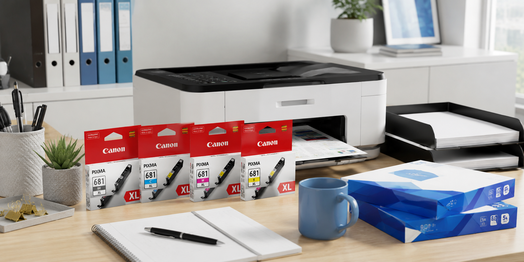 Canon ink cartridges arranged beside a modern office printer with paper reams, notebook and desk accessories in a clean admin print room setting