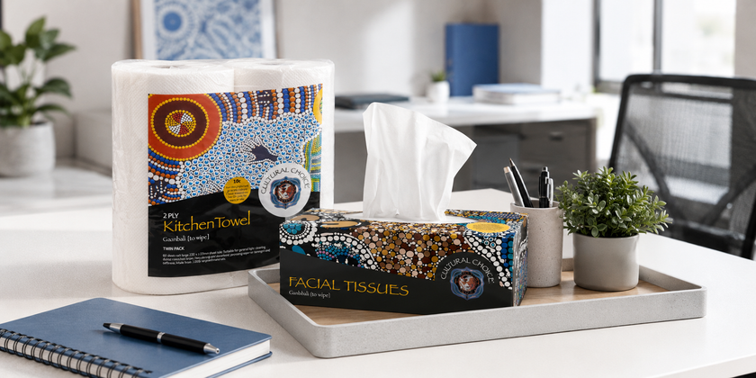 Cultural Choice tissues and kitchen towel displayed in a modern shared office stationery hub.