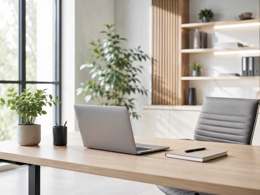 Bright minimalist office workspace with a laptop, notebook, executive chair and indoor plants on a light timber desk.