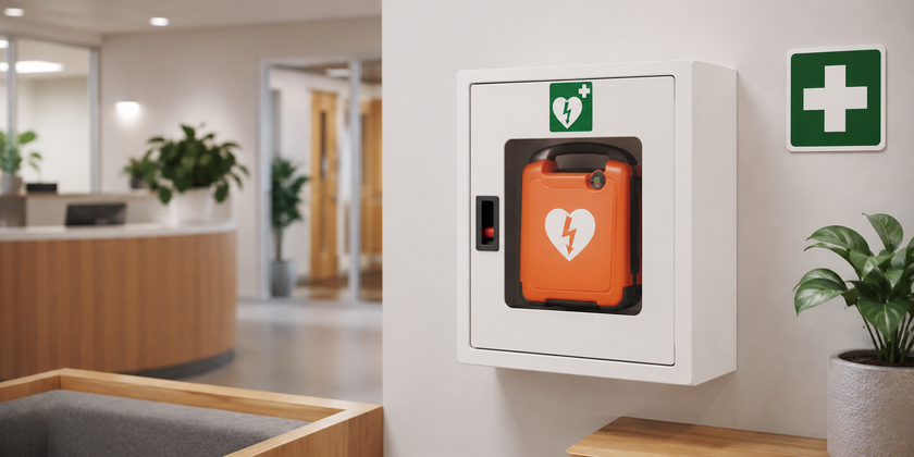 Wall-mounted first aid defibrillator cabinet in a clean workplace safety station near an office reception area with clear emergency signage and modern interior styling.