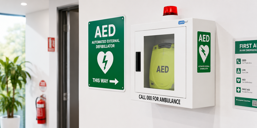 Defibrillator signage and AED cabinet displayed in a bright workplace hallway for clear emergency identification.