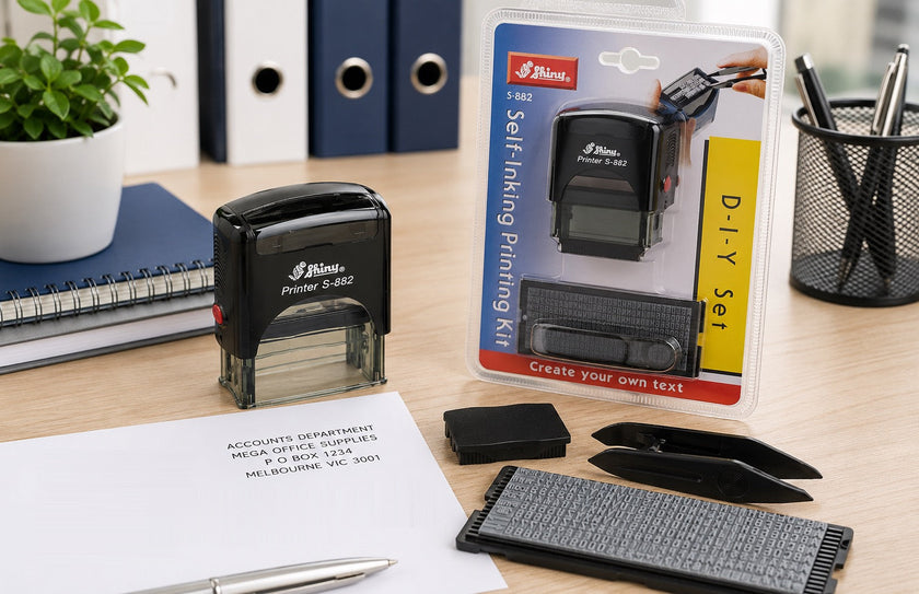 DIY stamp kit with self inking stamp, character set and stamped office paperwork arranged on a professional desk for custom business marking.