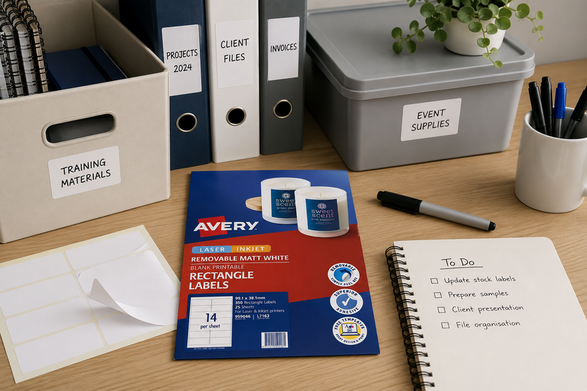 Removable labels arranged on a tidy office desk with labelled folders, storage tubs, notebooks and organisation supplies.