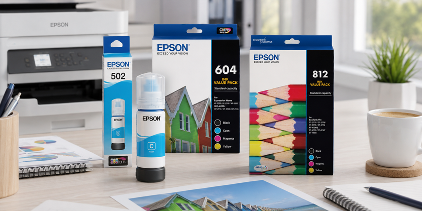Epson ink cartridges and refill bottles arranged beside a printer in a bright modern office.
