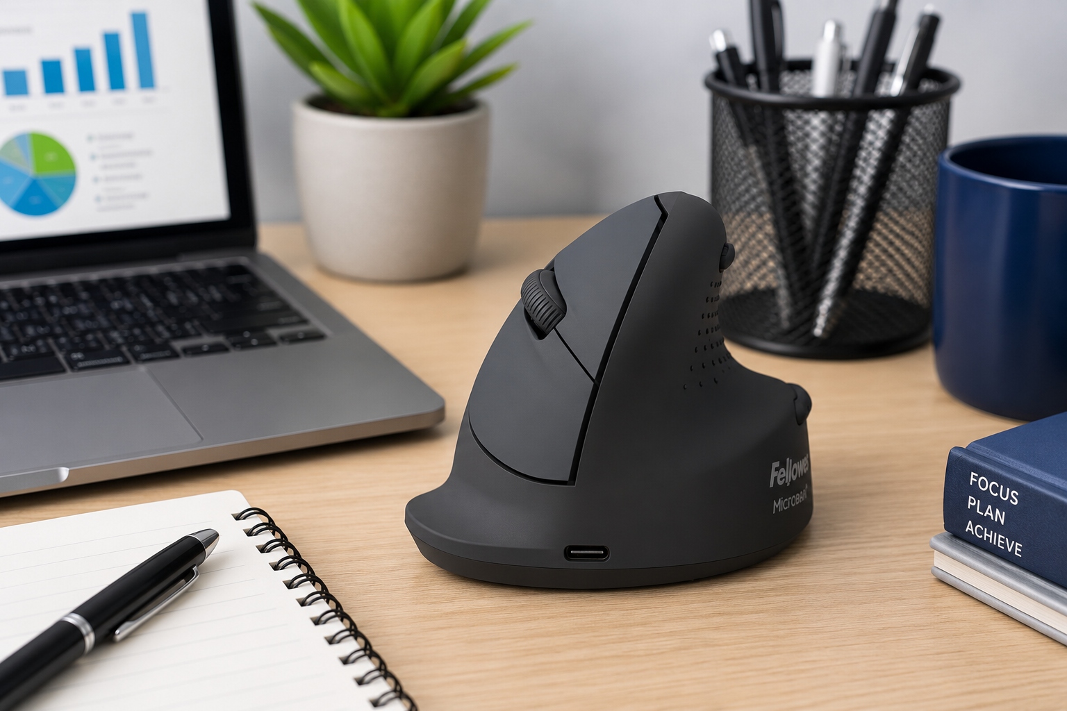 Ergonomic mouse on a clean office workstation with laptop, notebook, pen and desk accessories nearby.