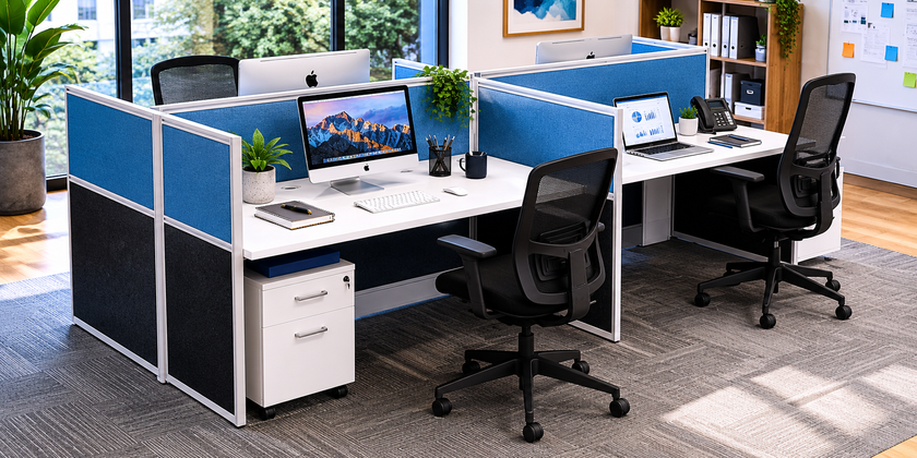 Four person office workstation with blue privacy screens, white desks, computer setups and black office chairs for a team based workspace.