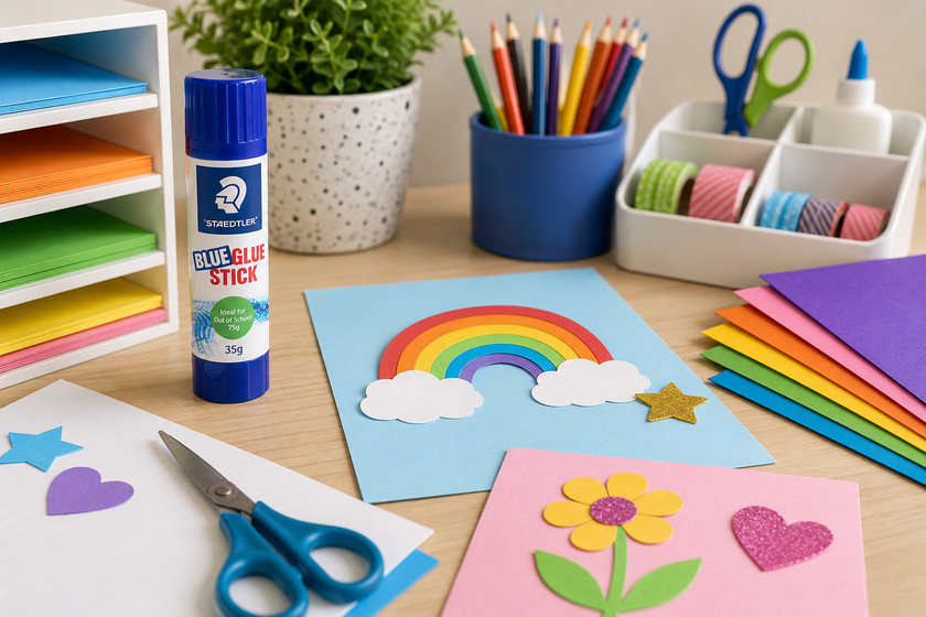 Staedtler glue stick on a bright craft workspace with coloured paper, scissors and handmade classroom project materials.