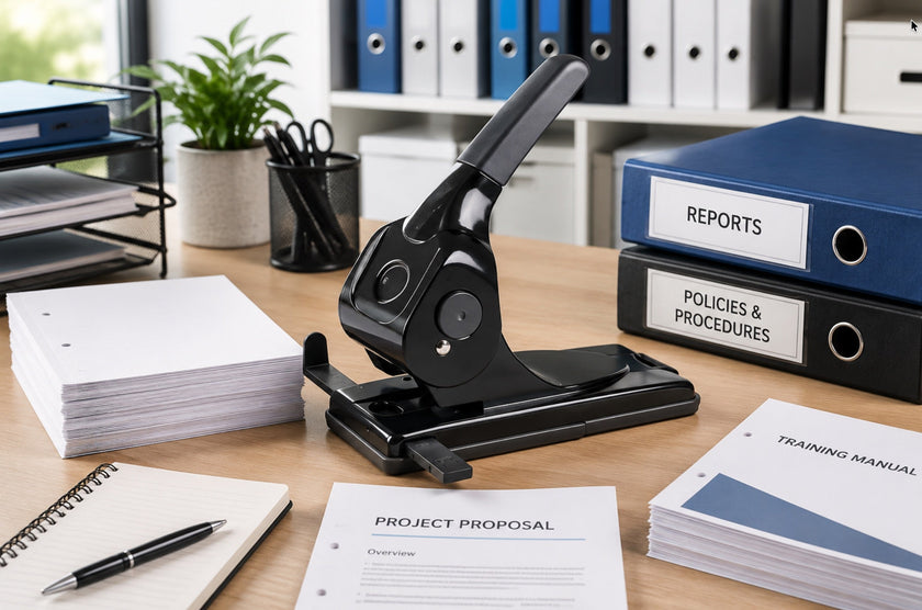 Heavy duty paper punch on a modern office desk with punched documents, binders and filing supplies for bulk document preparation.