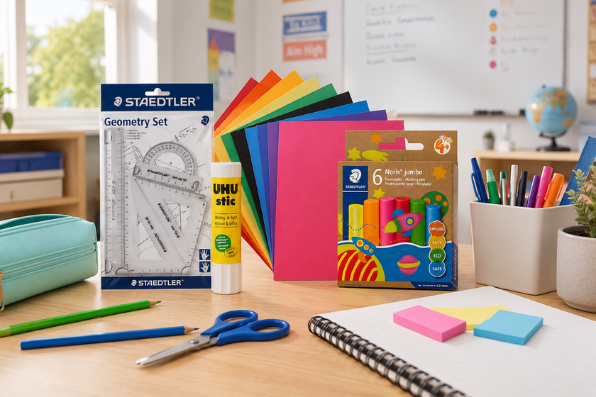 Education supplies arranged on a classroom desk, including a geometry set, coloured paper, glue stick, modelling clay, pens, pencils, scissors and notebook.