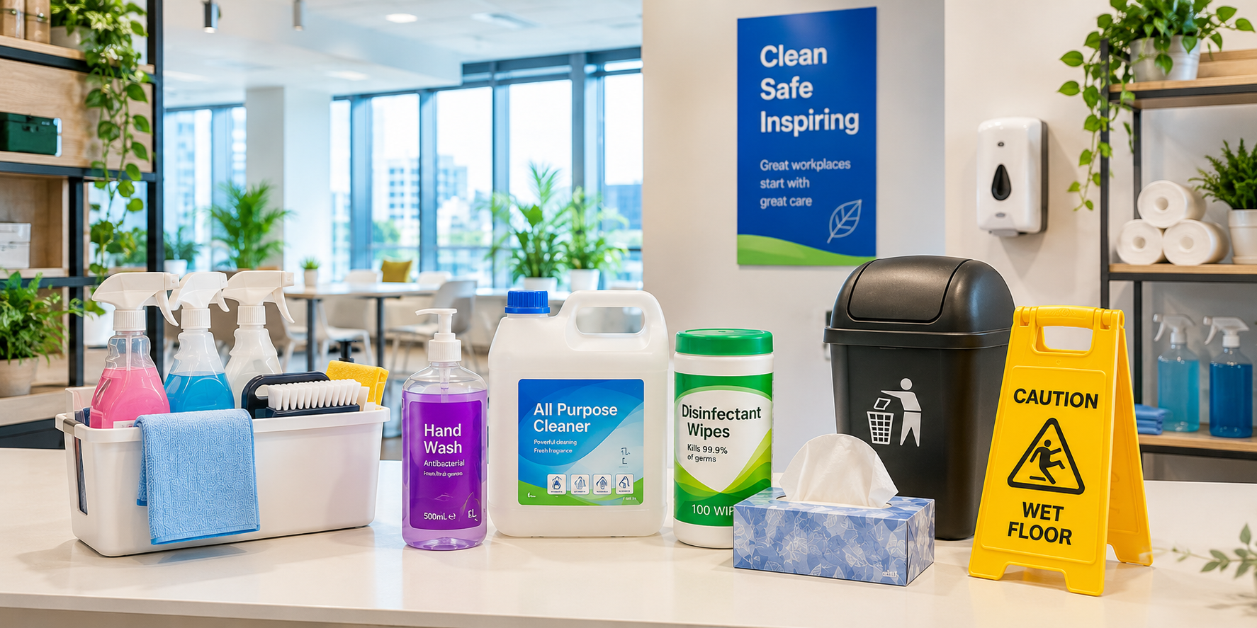 Facility supplies arranged in a clean workplace utility area with cleaning products, washroom essentials, waste bin and safety signage.