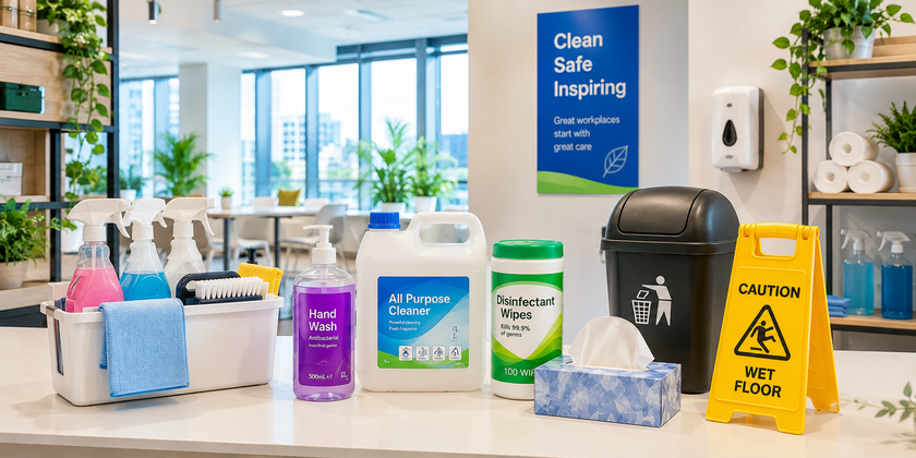 Facility supplies arranged in a clean workplace utility area with cleaning products, washroom essentials, waste bin and safety signage.